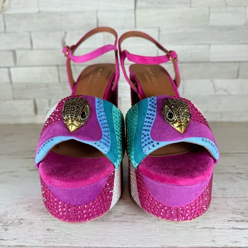 Kurt Geiger London Kensington Glitz Rainbow Rhinestone Platform Sandals SZ 40.5